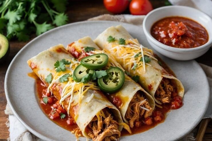 enchiladas with chicken fillings and red sauce on side