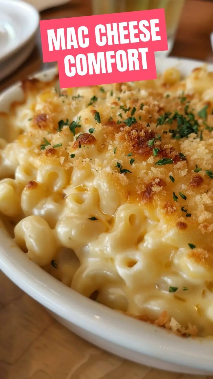 A close-up of a bubbling, golden-brown baked mac and cheese casserole, fresh from the oven.