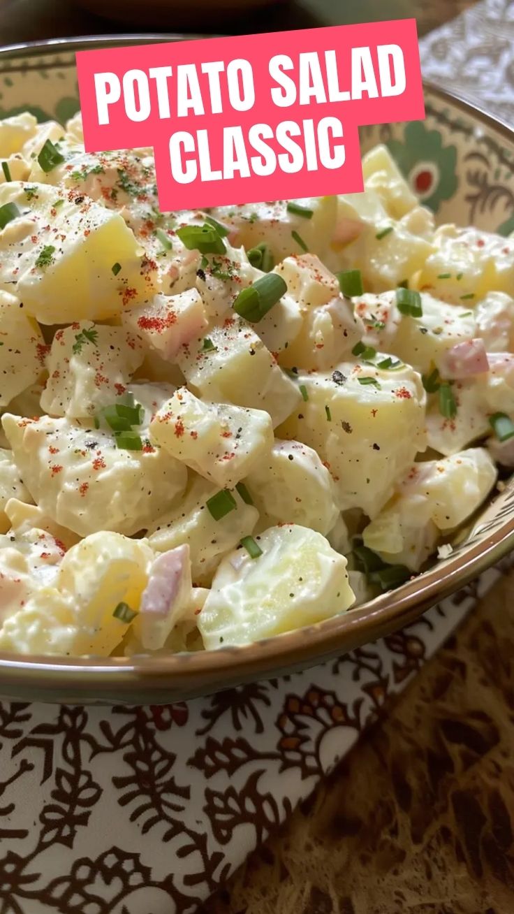 A bowl of classic potato salad with chopped celery and herbs