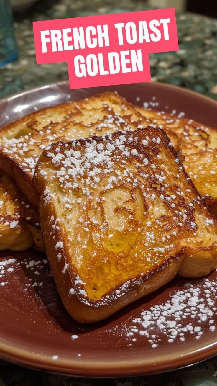 A stack of golden french toast drizzled with syrup and topped with berries.