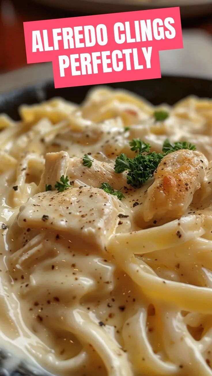 A bowl of chicken alfredo with tender chicken pieces and creamy sauce.