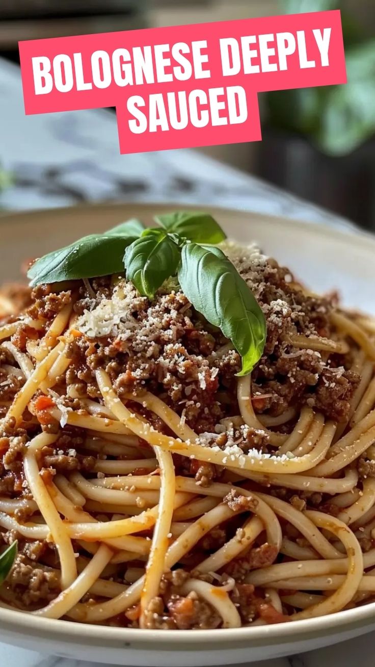 A steaming bowl of Spaghetti Bolognese garnished with fresh herbs.