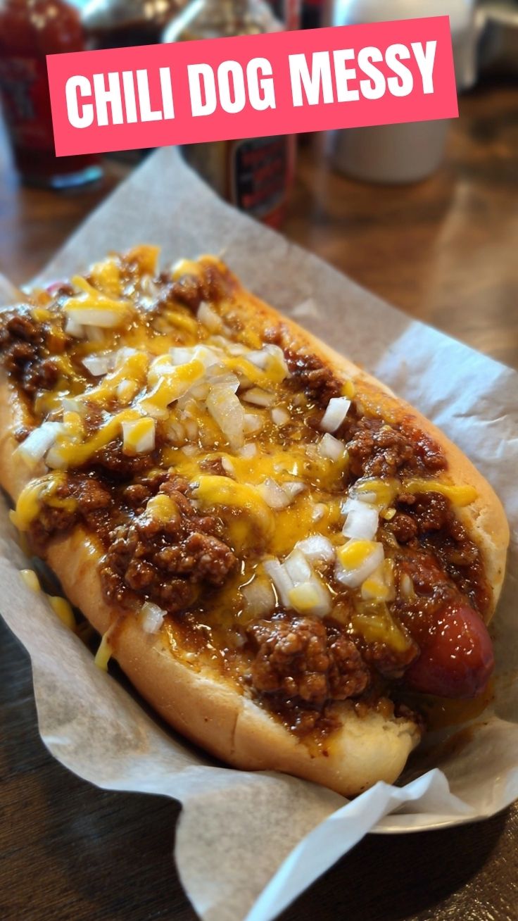 A classic chili dog loaded with toppings and rich sauce