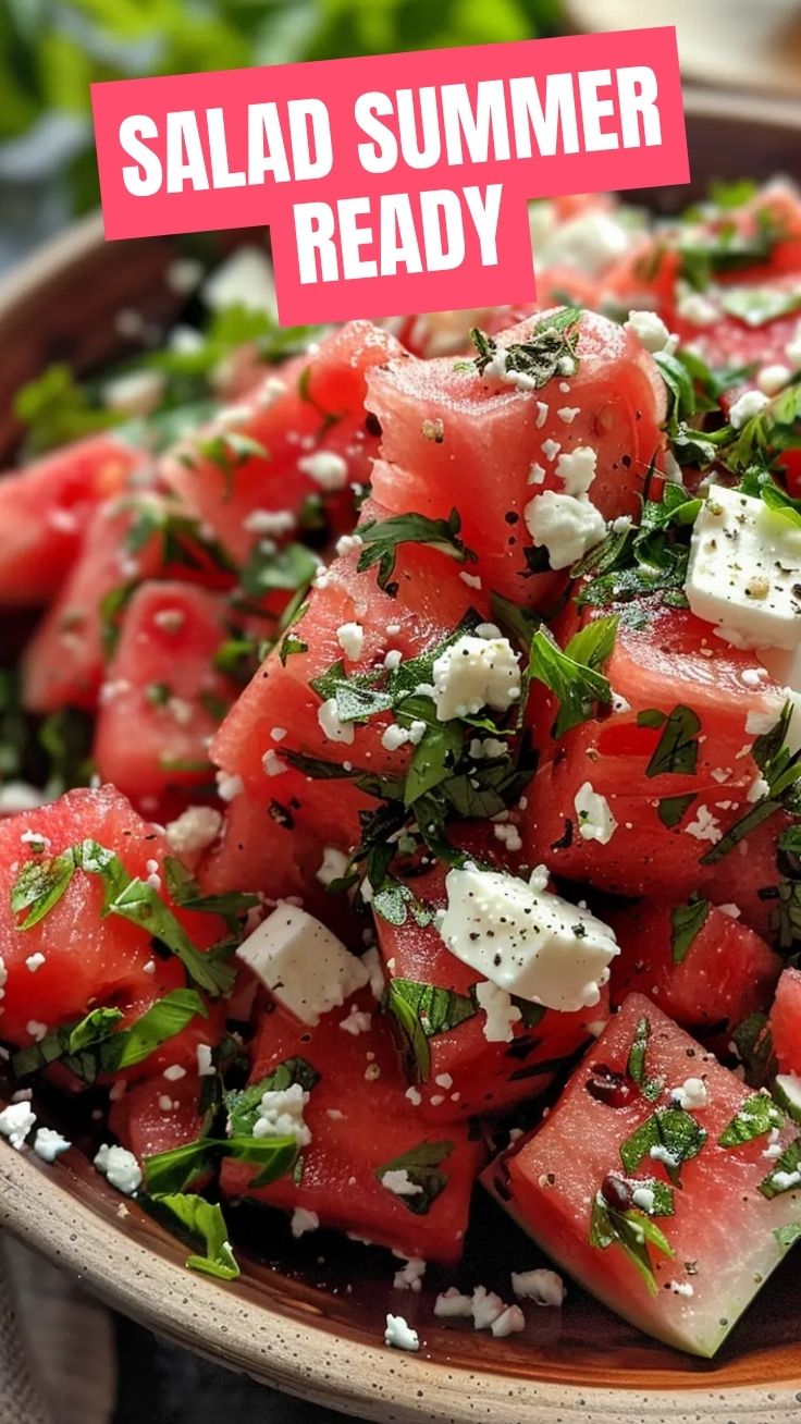 A vibrant watermelon feta salad with mint leaves on a white plate