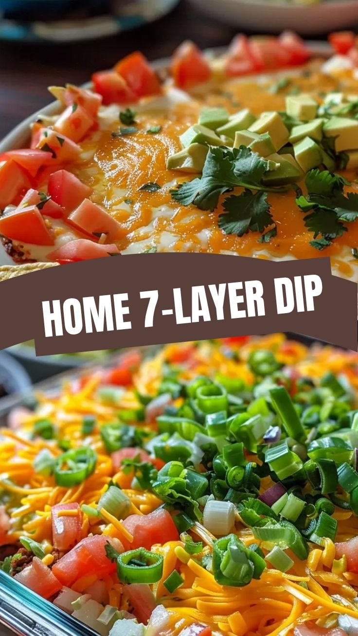 A vibrant 7-layer dip prepared in a clear glass dish, showing all colorful layers.