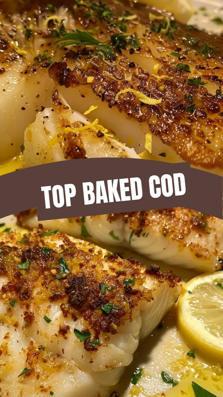 Freshly baked cod with lemon butter sauce drizzled over it.