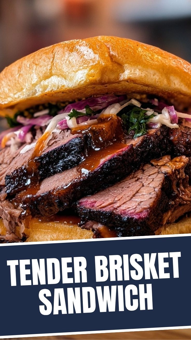 Juicy BBQ Brisket Sandwich on toasted bun with coleslaw