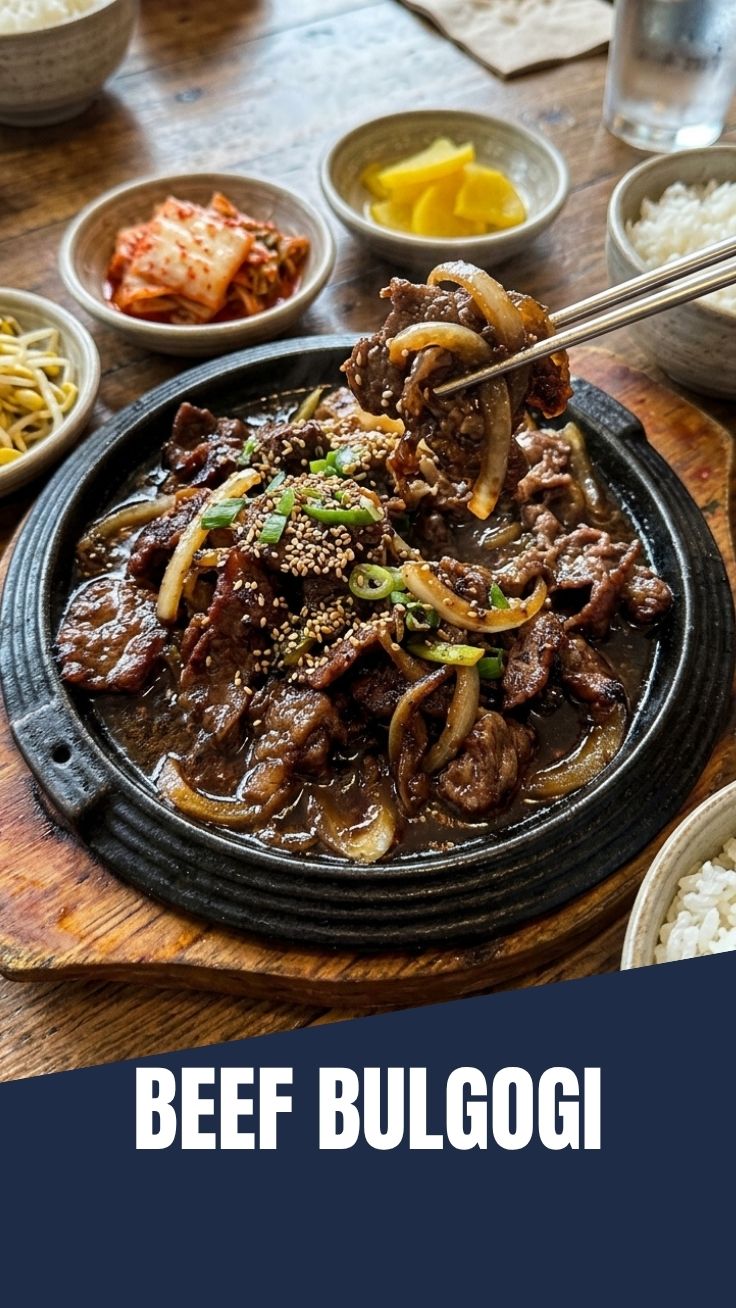 A serving of delicious beef bulgogi with grilled vegetables.