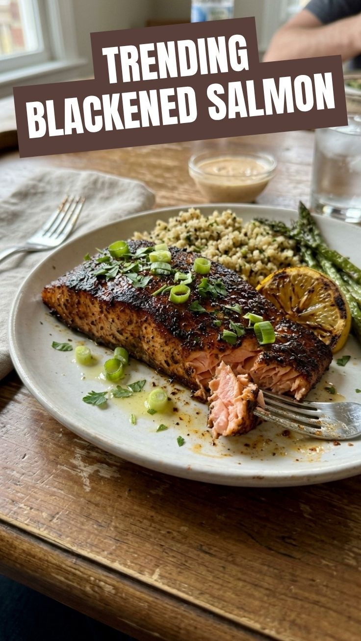 A perfectly cooked piece of blackened salmon with a dark, spiced crust.