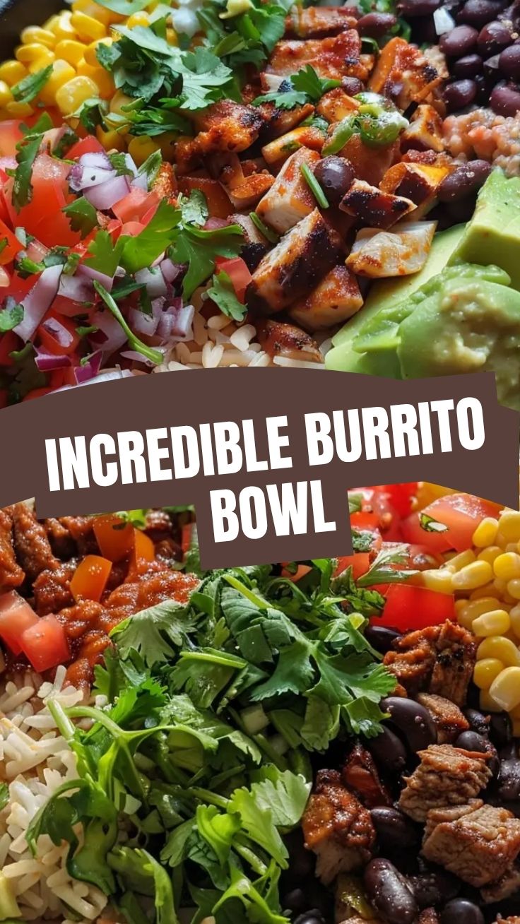 A vibrant Burrito Bowl, Chipotle Style, with rice, beans, corn, and salsa.