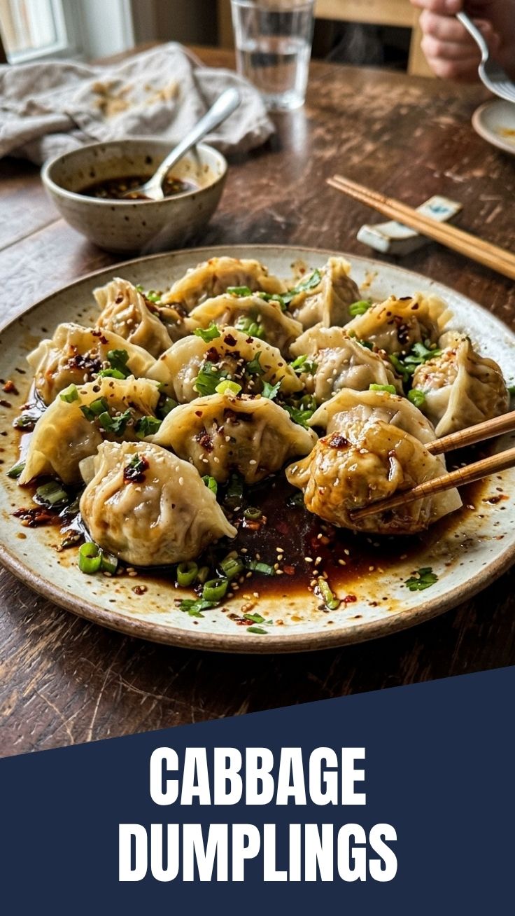 Golden-brown cabbage dumplings arranged on a ceramic plate with dipping sauce