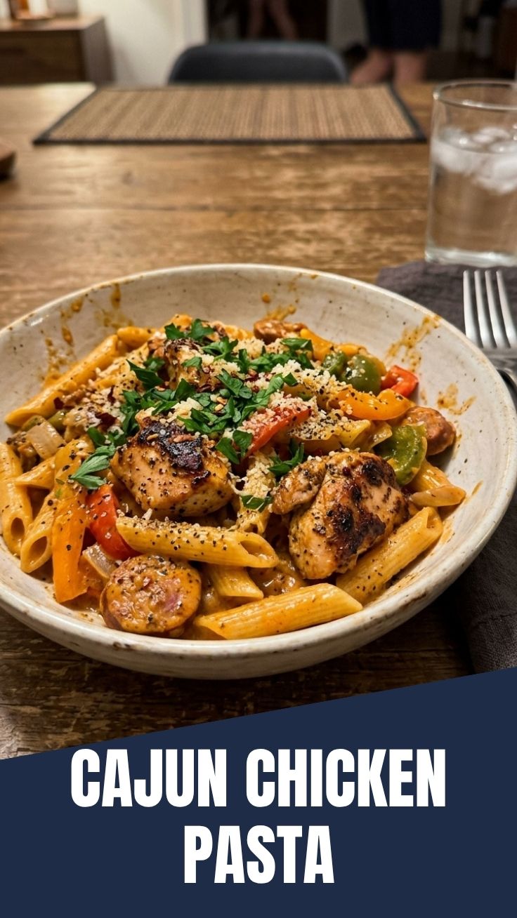 Cajun Chicken Pasta creamy dish in skillet