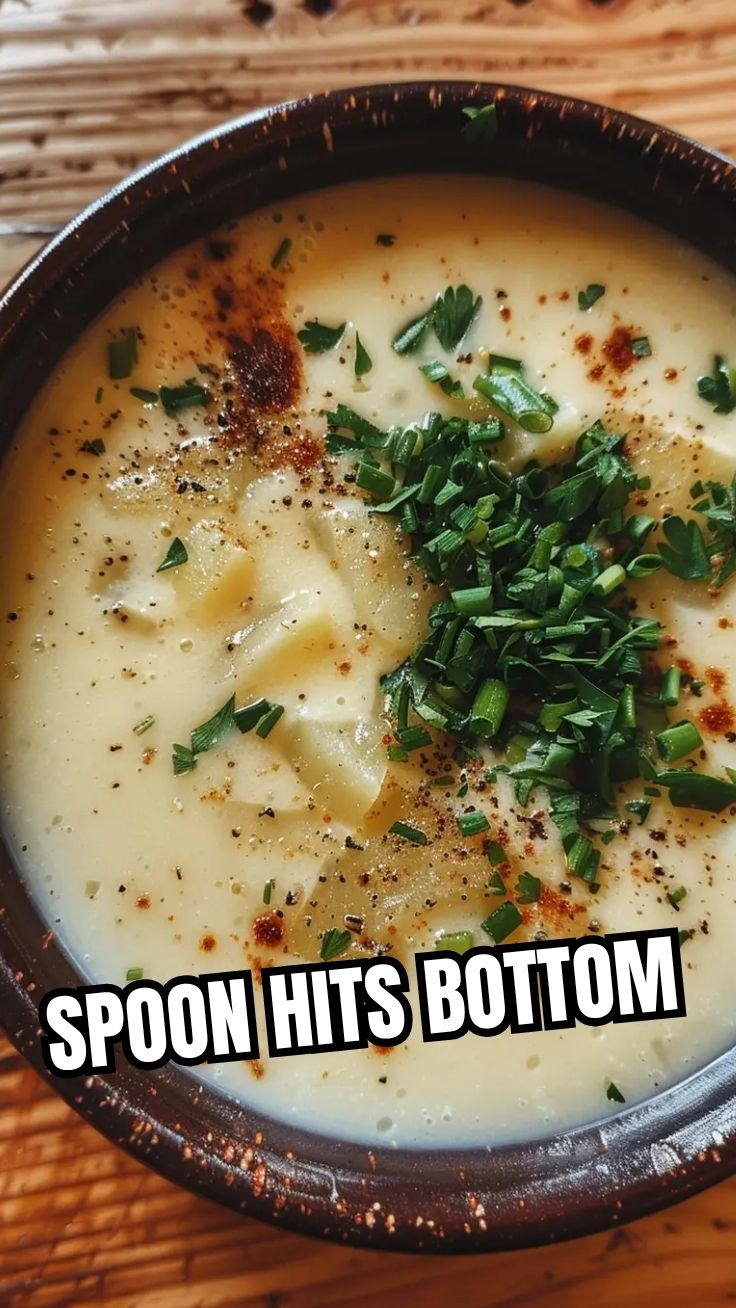 A bowl of rich creamy potato soup with herbs