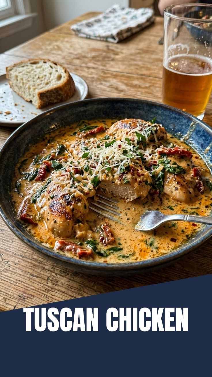 Creamy Tuscan chicken in a skillet with spinach and sun-dried tomatoes