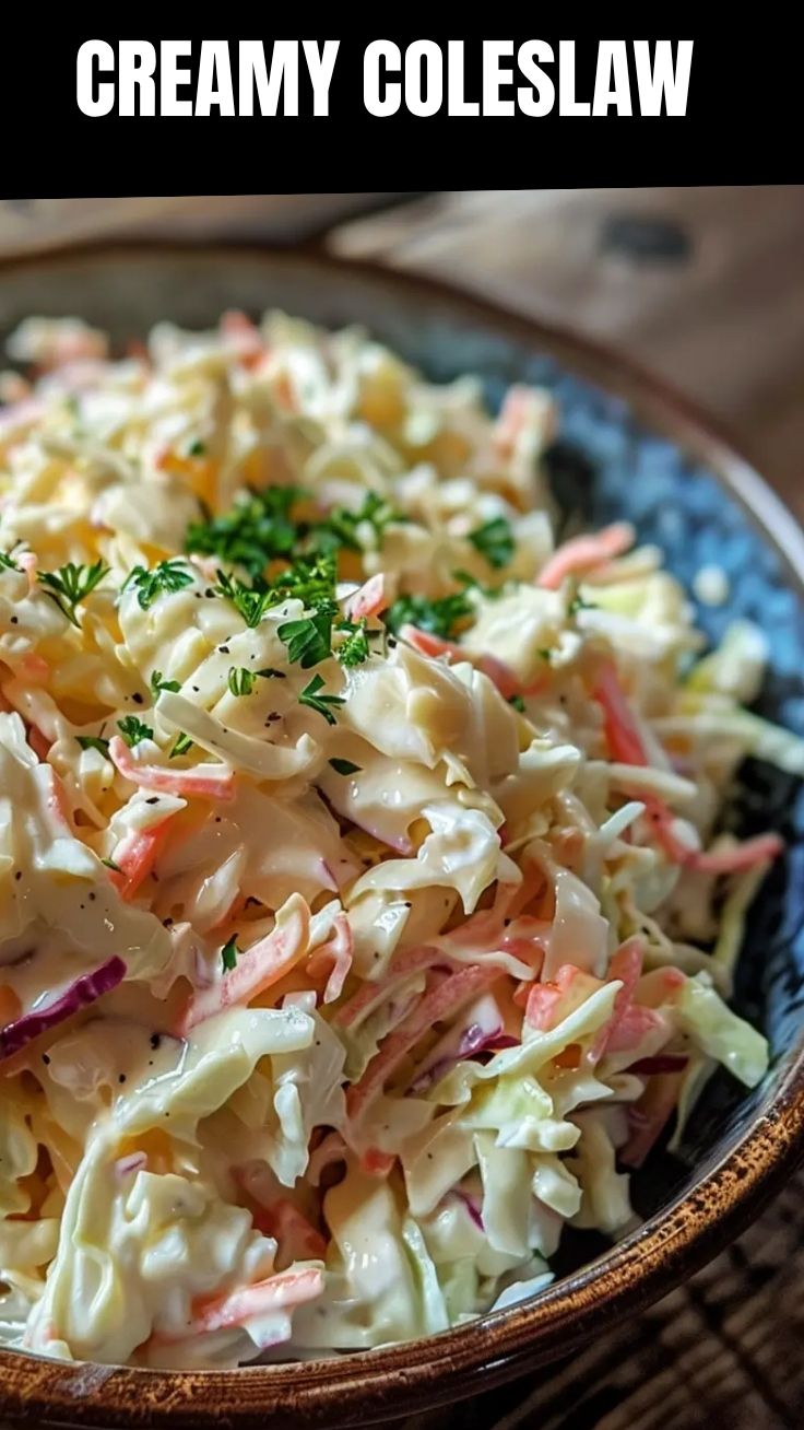 A close-up of fresh creamy coleslaw in a serving bowl.