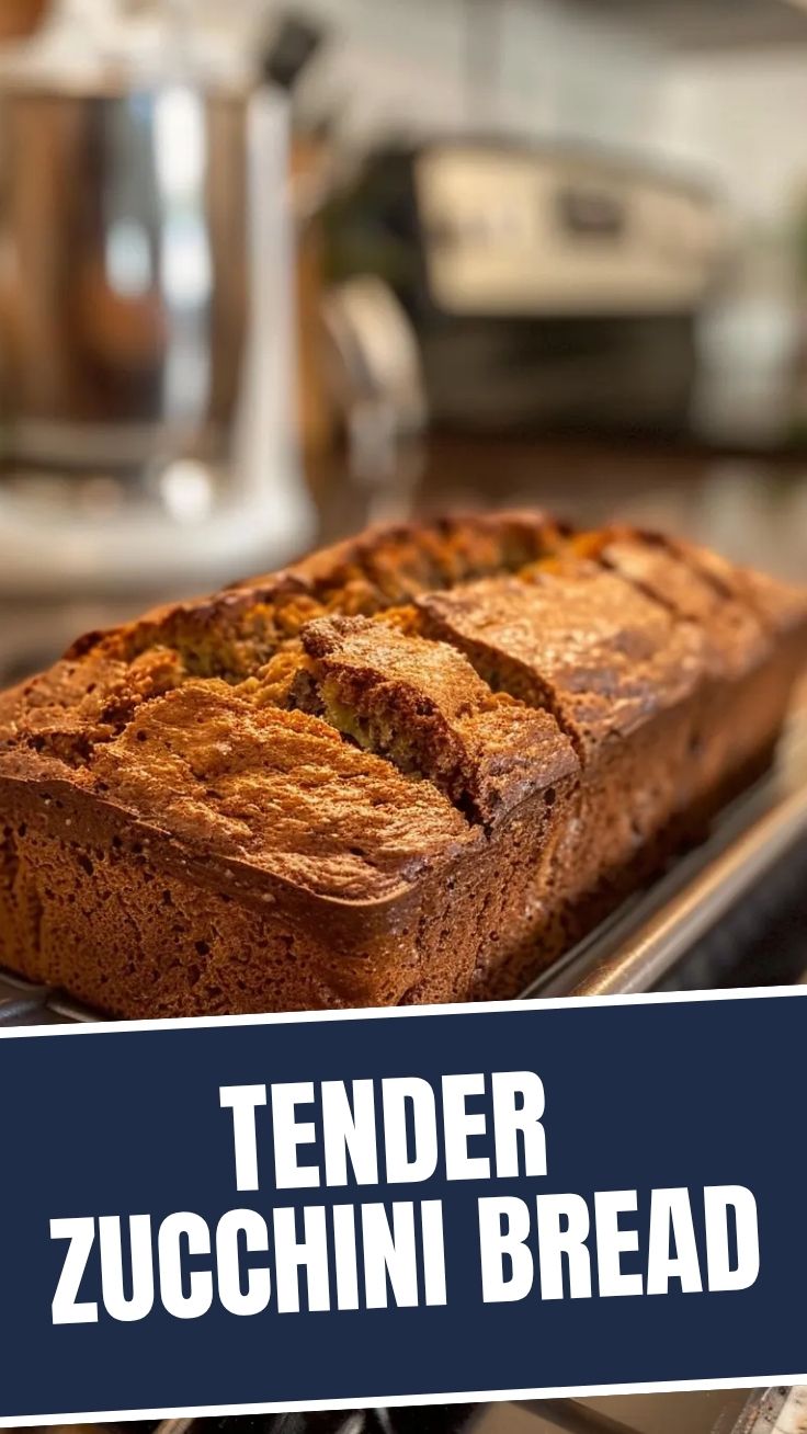 A freshly baked loaf of zucchini bread, golden brown and inviting.