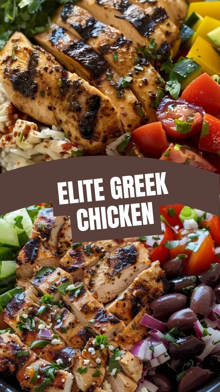 A vibrant Greek chicken bowl with fresh vegetables and feta cheese