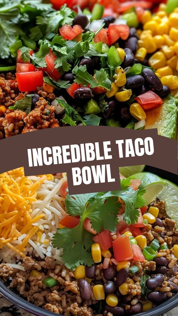 A vibrant taco bowl filled with fresh ingredients like lettuce, corn, and beans.
