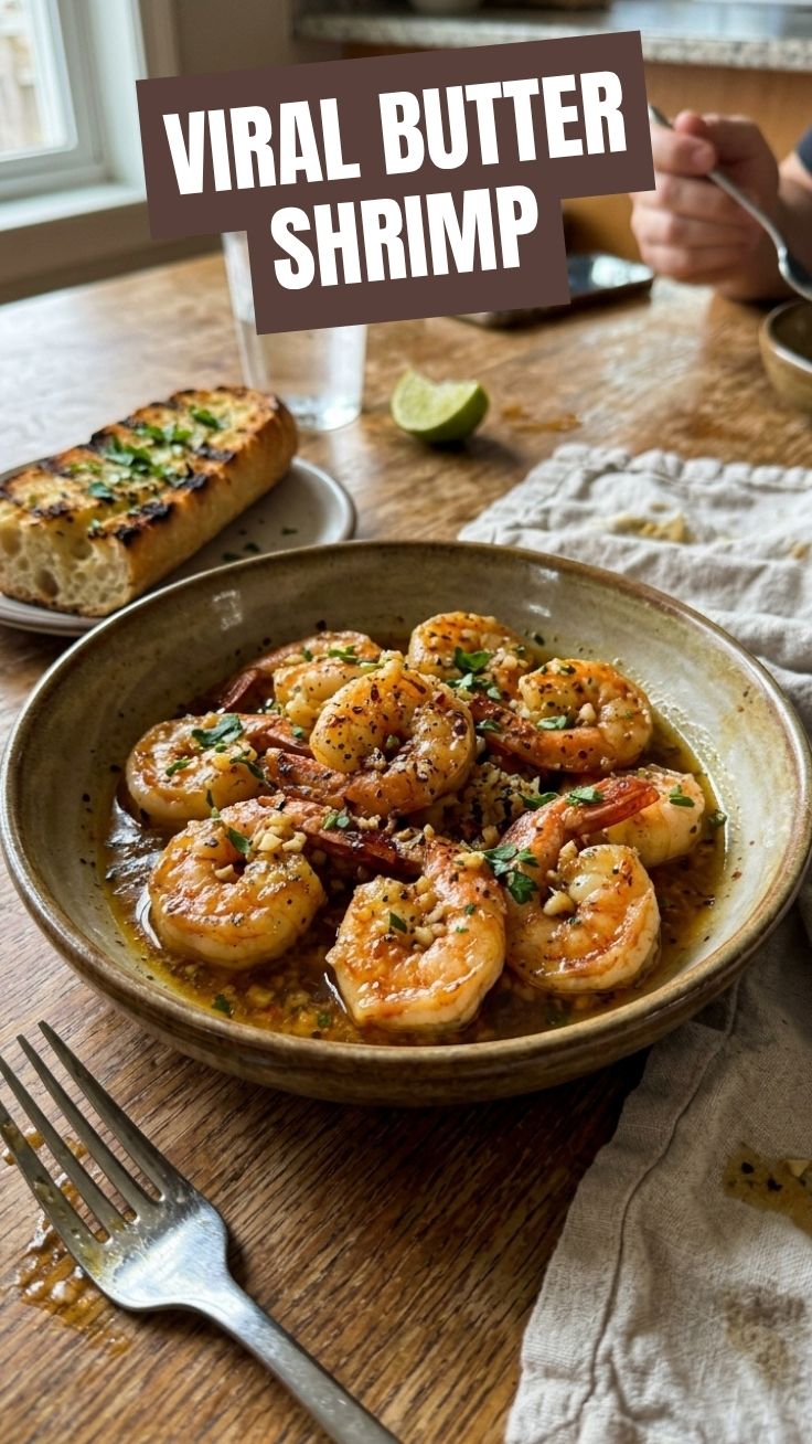 A serving of delicious garlic butter shrimp in a pan.