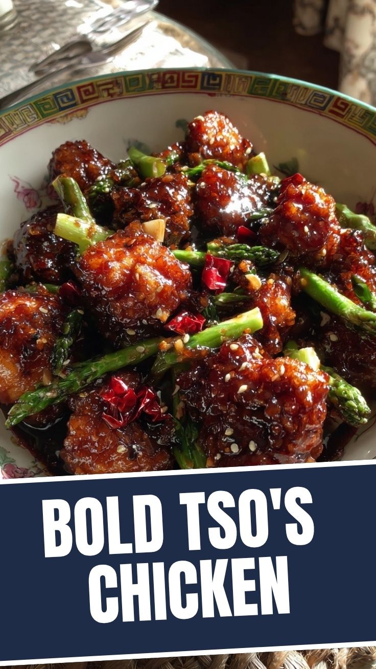 Crispy General Tso's Chicken in a glossy sauce with scallions and sesame seeds