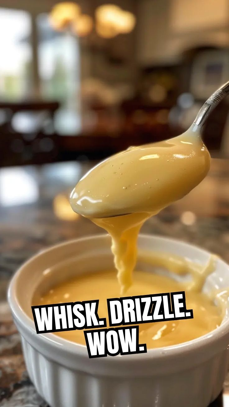Hollandaise sauce served in a ramekin with a whisk resting on the side