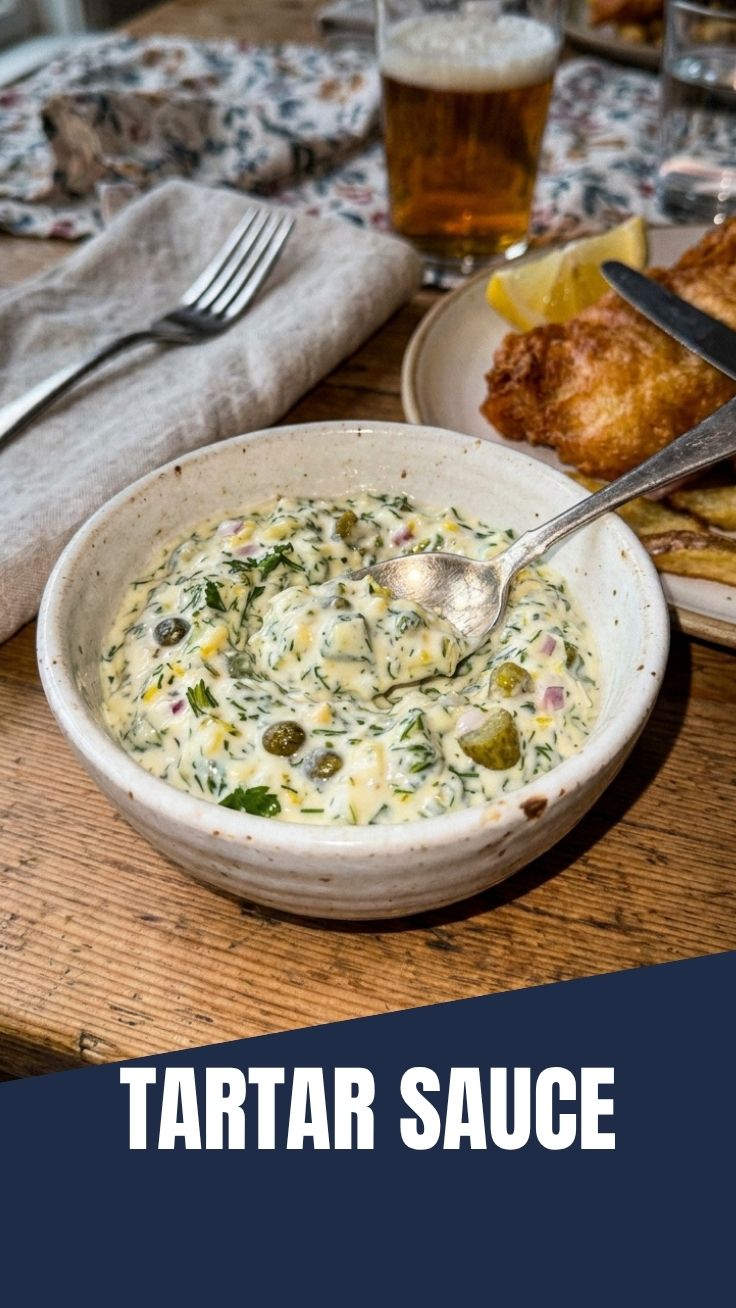A close-up of a bowl of creamy homemade tartar sauce garnished with fresh dill.