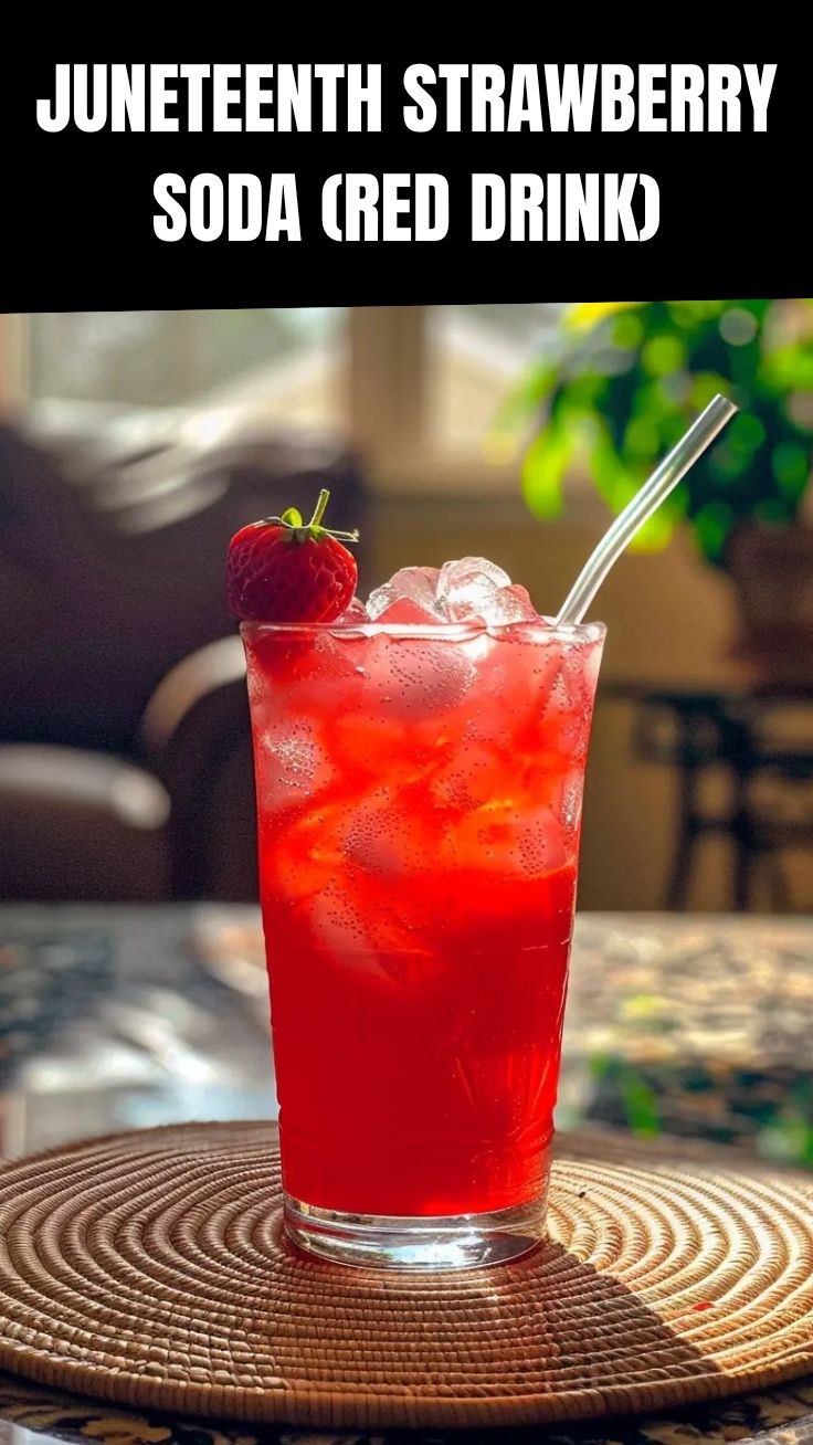 A vibrant red drink, Juneteenth Strawberry Soda, served in a glass