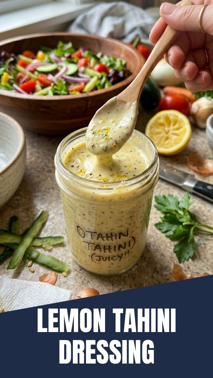 A bowl of smooth lemon tahini dressing, perfect for salads.
