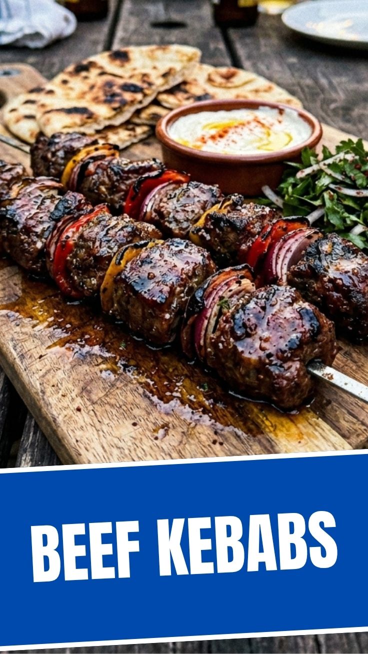 Grilled Middle Eastern beef kebabs on skewers