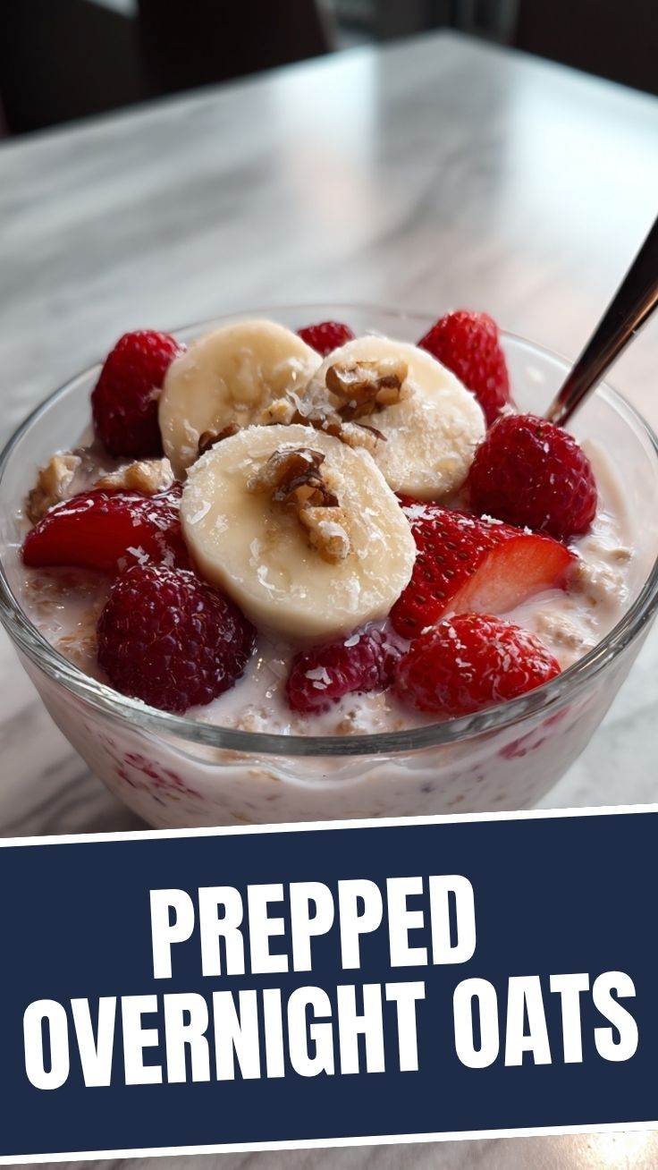 A glass jar filled with simple overnight oats ready to eat