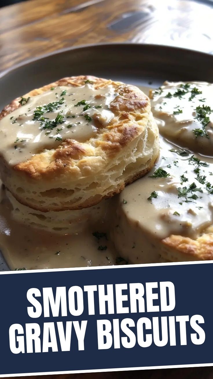 Fluffy biscuits smothered in creamy sausage gravy