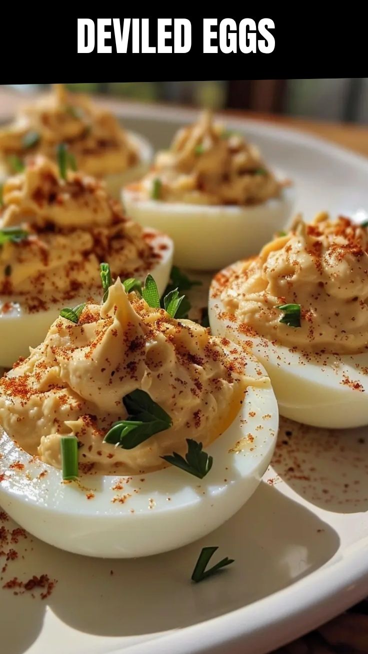 A platter of perfectly prepared deviled eggs, garnished for a gathering.