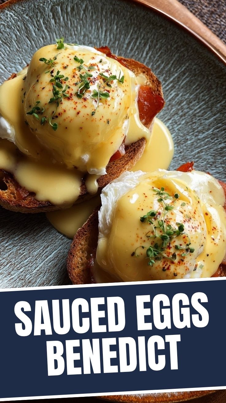A perfectly plated Eggs Benedict with hollandaise sauce, poached eggs, and ham on an English muffin.