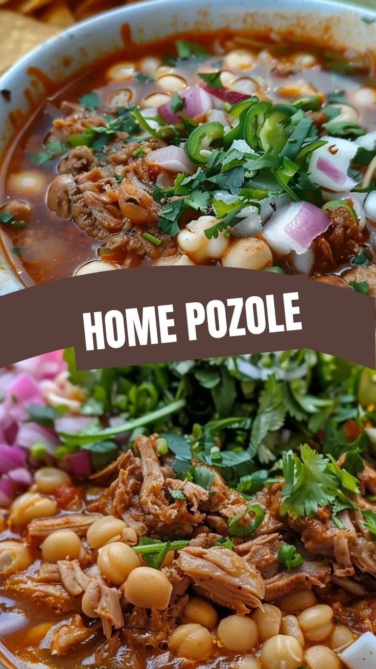 A steaming bowl of traditional pozole soup garnished with radish and lime.