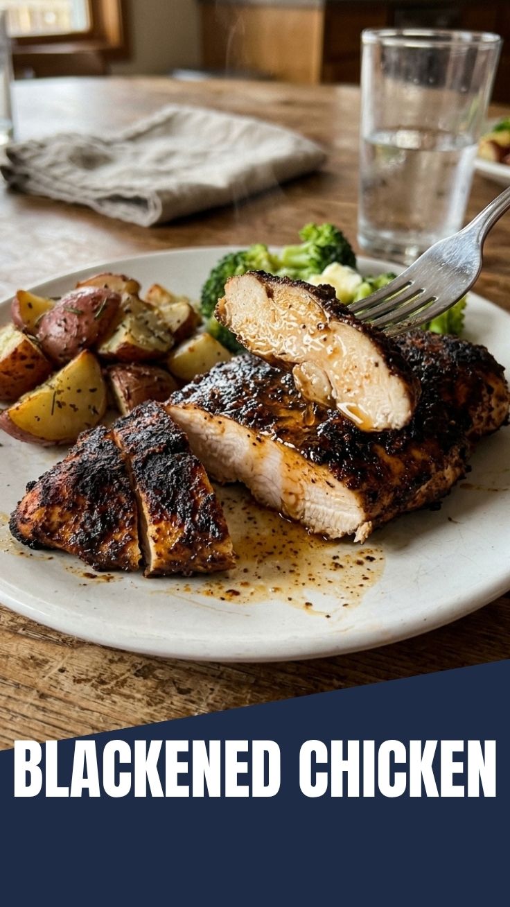 Juicy blackened chicken with crispy spice crust served on a wooden board