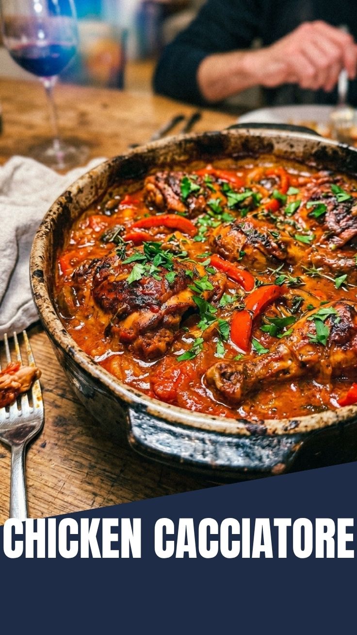 Chicken Cacciatore in a cast iron pot with bell peppers and tomatoes