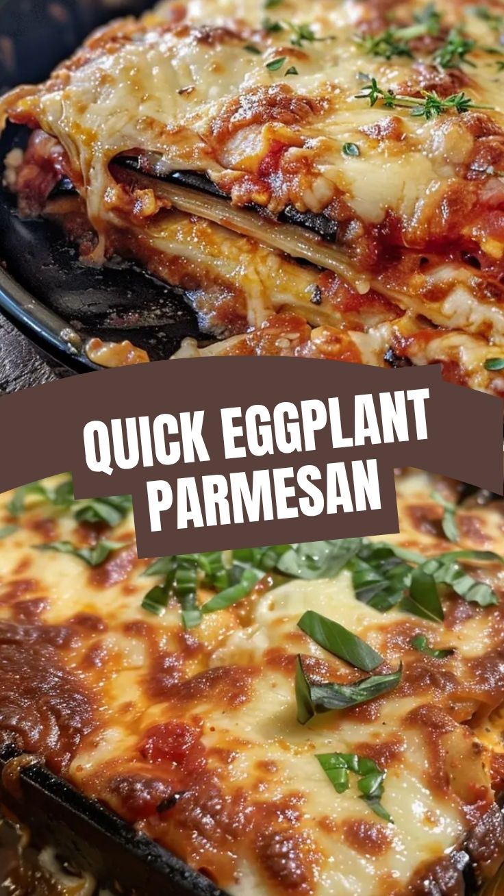 Layered golden-brown eggplant parmesan with melted cheese and basil garnish