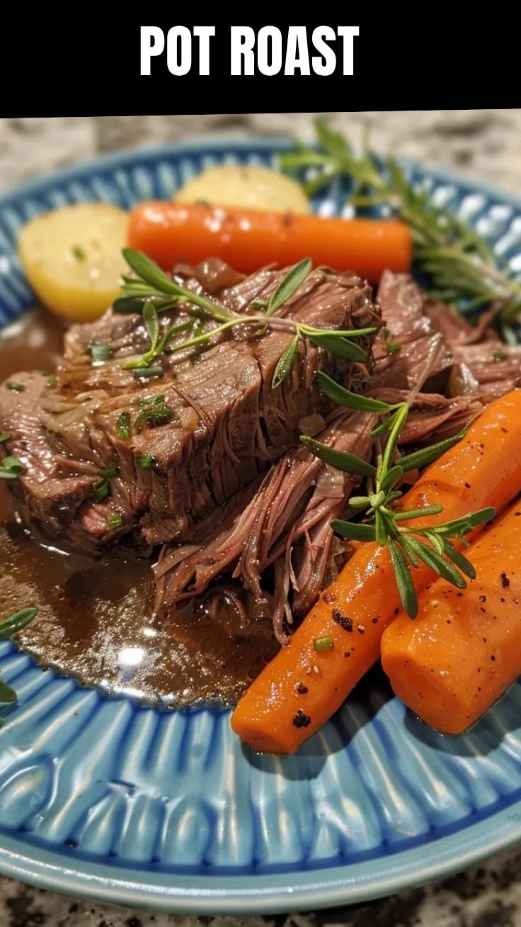 A tender pot roast, slow-cooked to perfection, garnished with herbs.