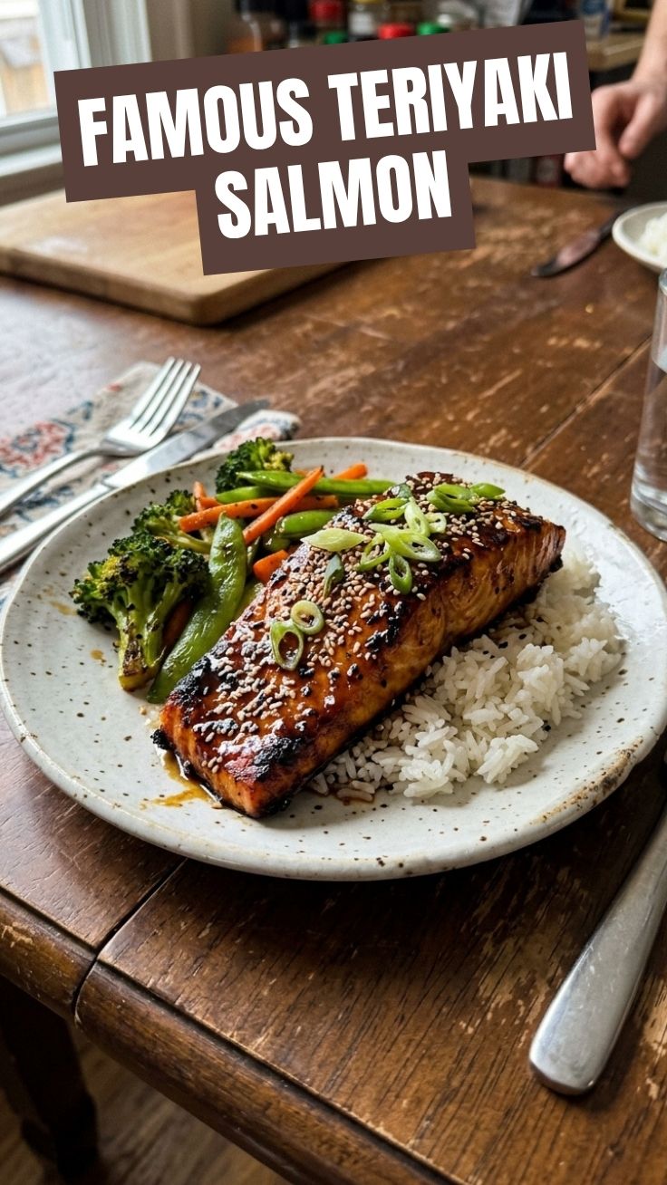 A perfectly glazed teriyaki salmon fillet, ready to serve.