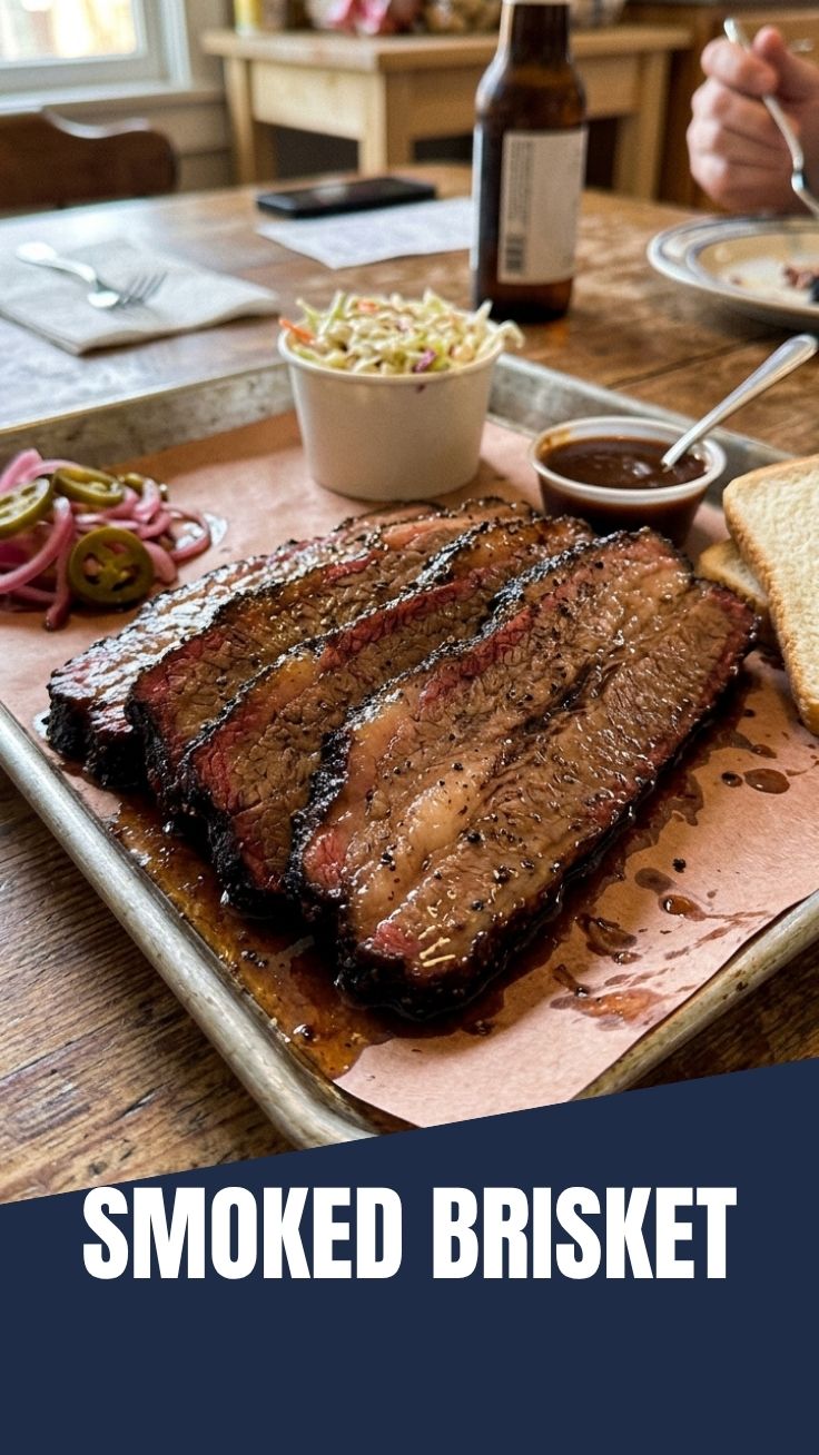 Perfectly smoked brisket with dark bark and smoke ring