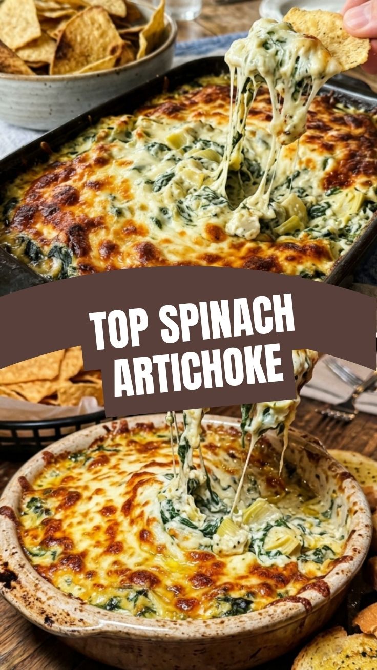A hot and bubbly spinach artichoke dip, freshly baked and ready to serve.