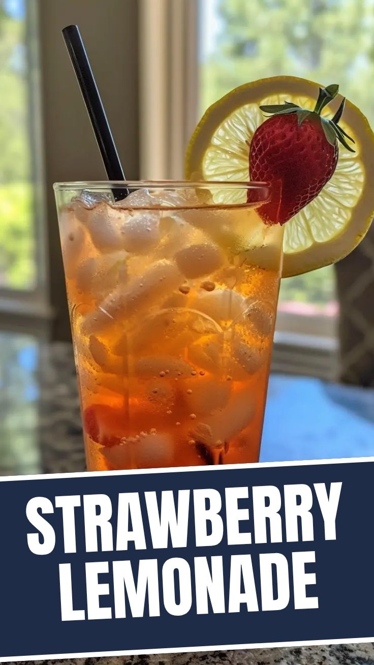 A tall glass of strawberry lemonade with ice and mint