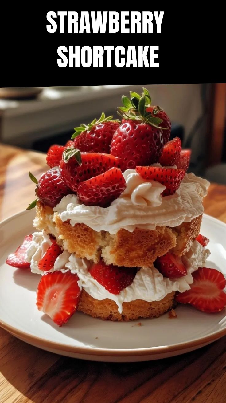A delectable strawberry shortcake featuring fresh strawberries, whipped cream, and fluffy biscuits.