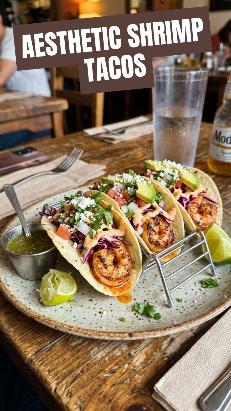 Delicious shrimp tacos with fresh toppings on a white plate.