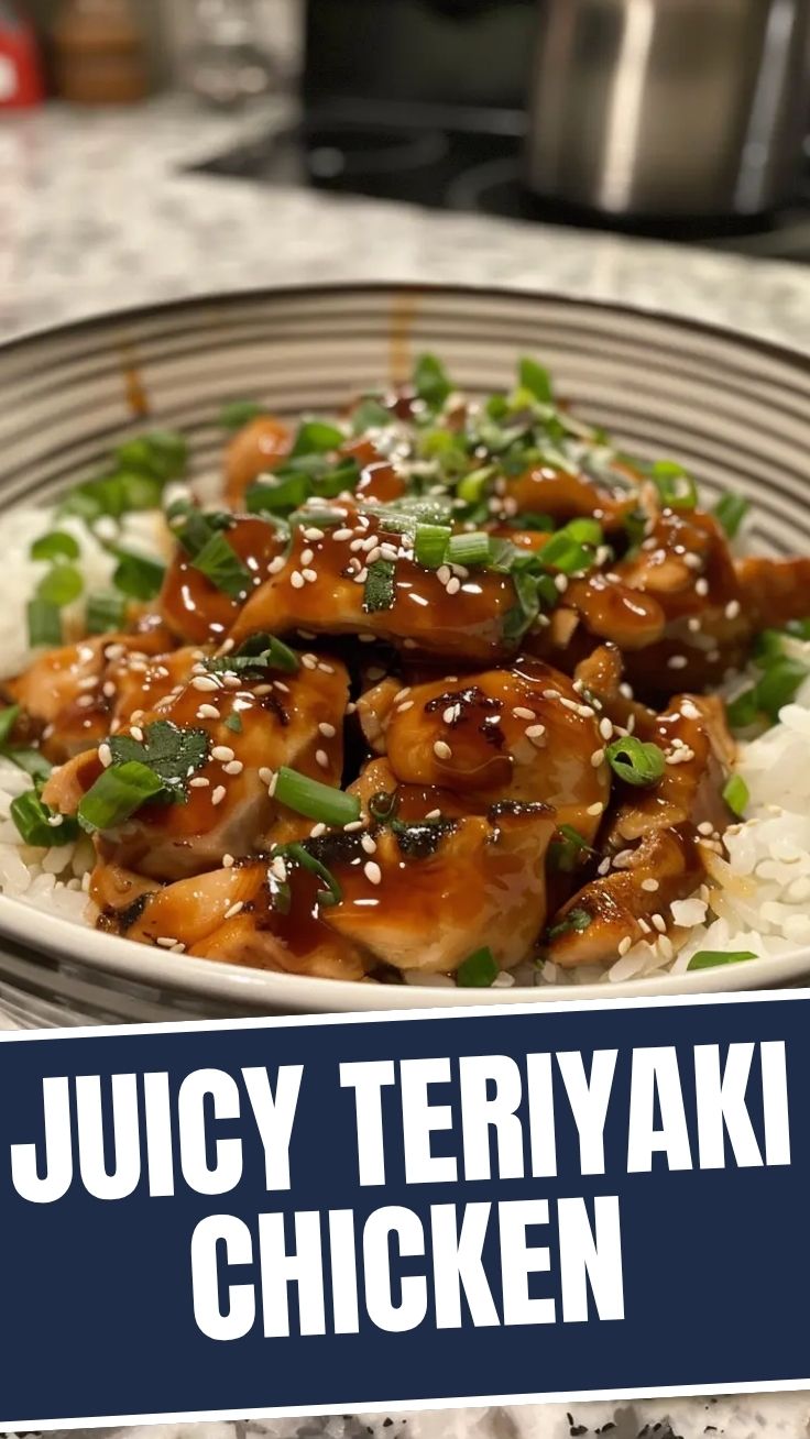A close-up of delicious teriyaki chicken glazed with a savory sauce and garnished.
