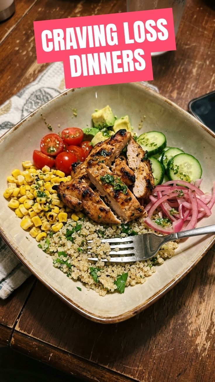A colorful, healthy 30-minute summer weight loss dinner plate with fresh vegetables and lean protein
