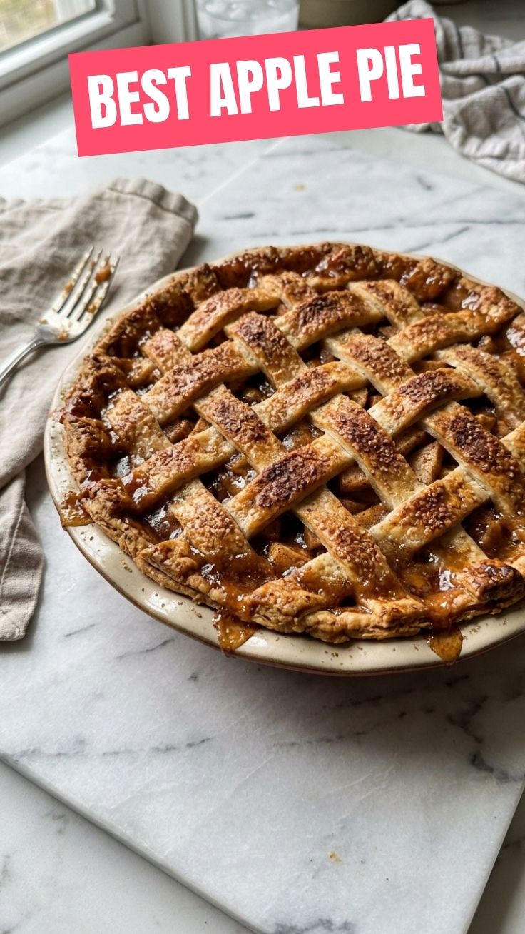A perfectly baked apple pie with a golden, flaky crust on a cooling rack.