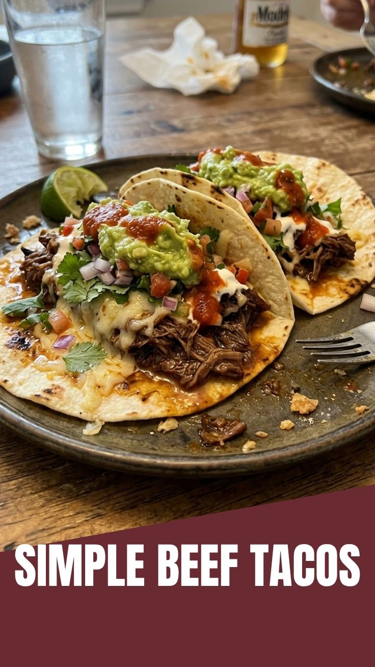 Close-up of three beef tacos with fresh toppings