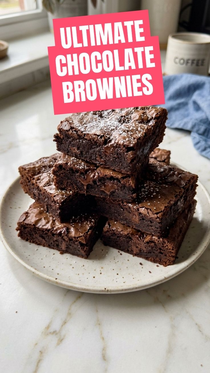 A stack of delicious chocolate brownies with a fudgy center.