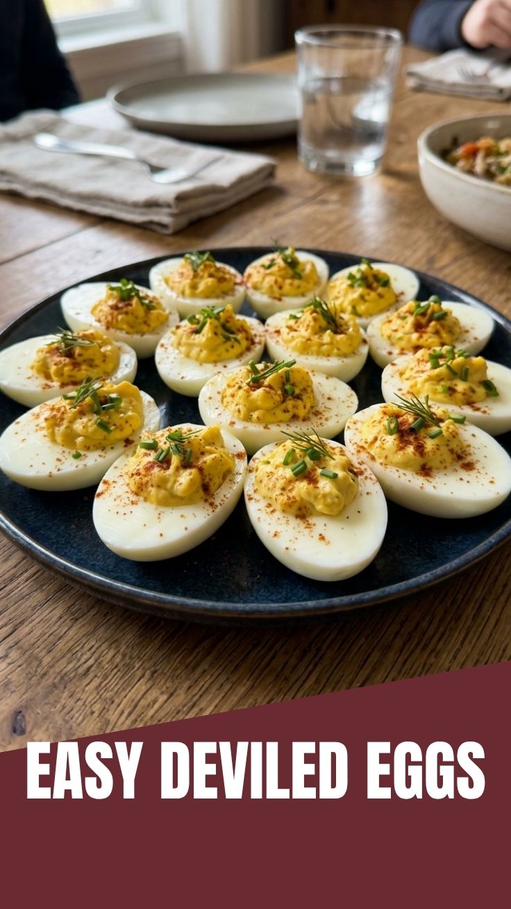 A platter of classic deviled eggs, neatly arranged and garnished.